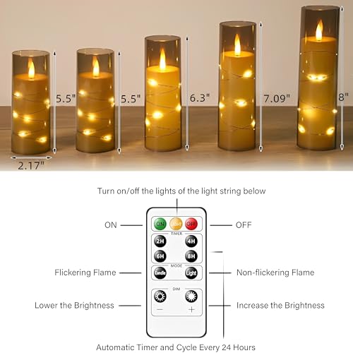 Beauenty 5 Pc Flameless LED Candles with Timer and Remote,Acrylic Pillar Candles with Embedded Star String for Romantic Ambiance and Home Decoration,Battery Operated Candles(Grey)