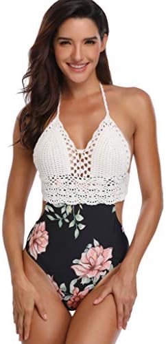 Women One-Piece Swimsuit,Jchen Lady Teen Girl Swimwear Floral Print Lace Patchwork Sling Siamese Halter Bikini