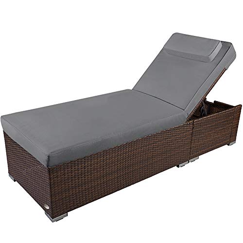 RS Trade Sonnenliege Verona High Braun/Grau - Outdoor Liege mit beständigem Poly-Rattan-Geflecht - verstellbare Rückenlehne – extra hoch & breite Liegefläche - inkl. Kopfteil und 12 cm Auflage