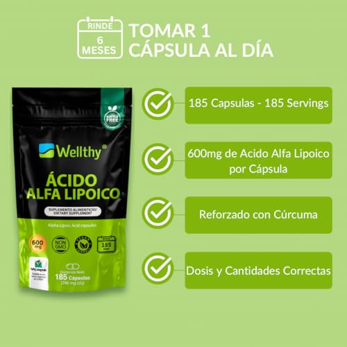 Wellthy Ácido Alfa Lipoico 600mg en SOLO UNA CÁPSULA 185 Cápsulas. 185 Dosis Completas, NON GMO, Vegan Friendly, VCaps Tecnología Cápsulas Veganas, Bottle Free.