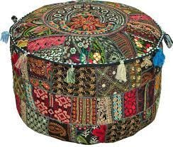 Radhykrishnafashions Vintage Embroidered Pouf Ottoman Footstool Cover Indian Round Ottoman Stool Pouf Pillow, Ethnic Embroidered Pouf Cover, Pouffe Ottoman Pouf Cover Pillow Ethnic Decor Art (Black)