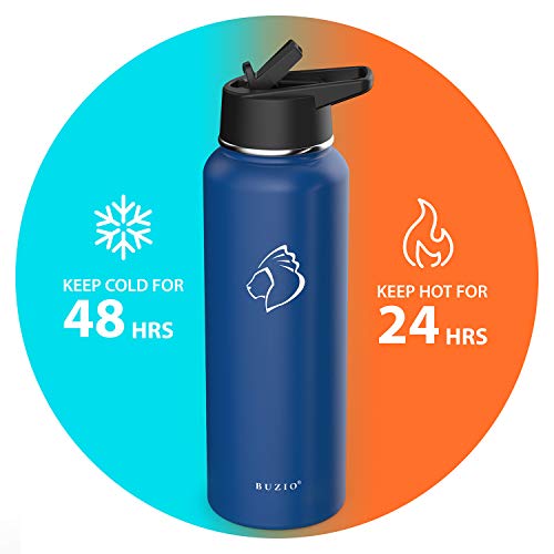 BUZIO Stainless Steel Water Bottle (Cold for 48 Hrs, Hot for 24 Hrs), 40 oz Vacuum Insulated Water Bottle with Straw Lid and Flex Cap (Double Wall, Wide Mouth, BPA Free, Leak Proof), Cobalt