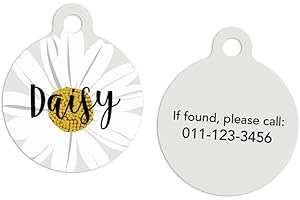 M&J Personlaized Circle Floral Lost Pet Cat Dog ID Tag Collar Charm Custom Name Tag (Large, Daisy)