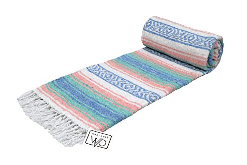 Light Teal and Coral Mexican Blanket - Authentic Mexican Flasa - Great Yoga Blanket, Beach Blanket, Picnic Blanket, or Mexican Throw! Handwoven - Thumbnail 6