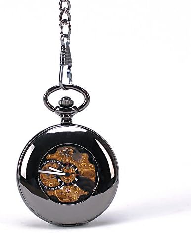 Hollow Black Skeleton Steampunk Mechanical Automatic Self - Wind Pocket Watch With Chain Vintage Antique Watch