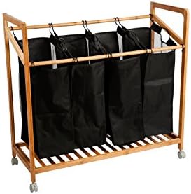 Zhuyue Laundry Sorter Cart Heavy-Duty 4-Bag With Wheels and Movable Black Bags Bamboo Cloth Storage Basket