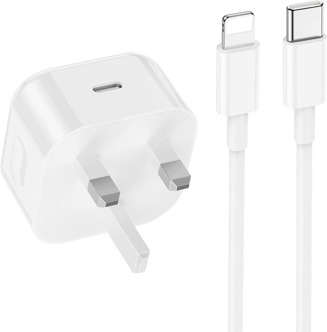 Amo White USB C Charger Plug UK Mobile Phone Mains Chargers Type C to iOSiPhone Cable 1 Metre Compatible For iOSiPhone 5 5S 5C SE 7 8 X XS XR 11 12 13 14 i Pad i Pod Air Pods (White)