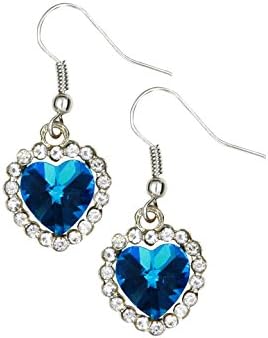 18k White Gold Plated with Australian Crystal Blue Heart Shape Titanic Style Earring for Girls Teens Toddlers