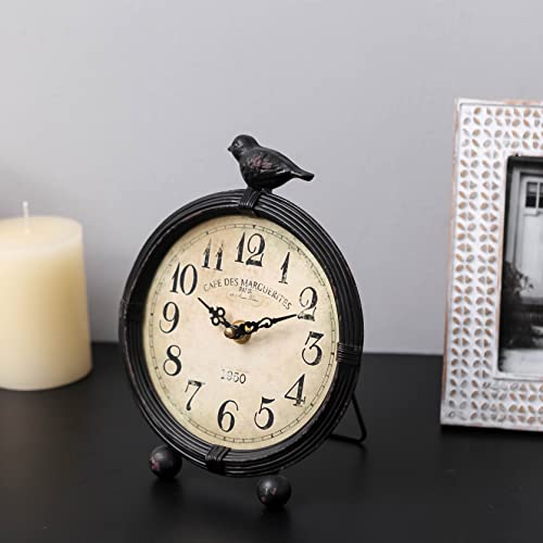 NIKKY HOME Vintage Table Clock with Bird, Metal Desk Clocks Battery Operated Black Retro Table Clock on Stand Decorative Desk Clock for Bedroom Living Room Shelf