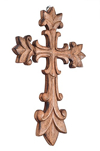 The StoreKing Wooden Wall Cross Plaque 12" Long Hanging with Hand Carvings Religious Altar Home Living Room Decor