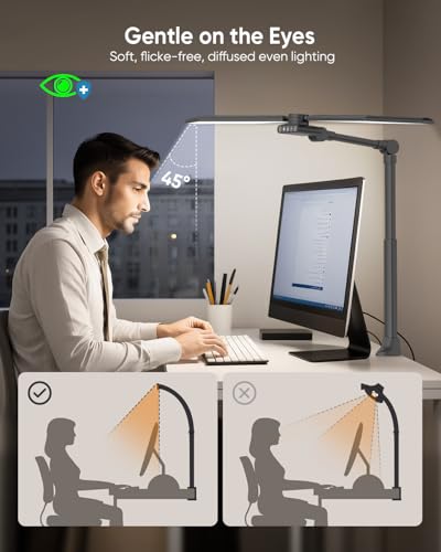 LED Desk Lamp with Clamp, 3600LM 448LEDs Ultra-Bright Desk Light with Remote Control, Office Lamp with Stepless Dimming, Color Temp & Memory, Study lamp for Desk and Workbench, Black