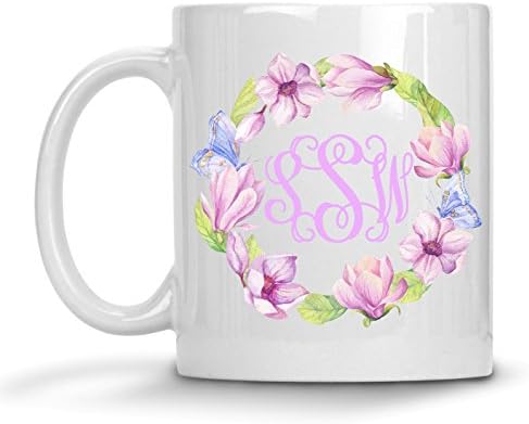 Elegant Pink Magnolia Flower Wreath Blue Butterflies Personalized with Monogram 11 or 15 oz Mug