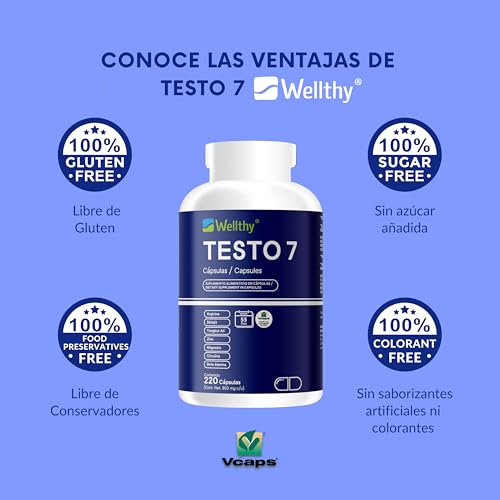 Wellthy Testo 7 Multivitaminico Hombre 220 Cápsulas. L-Arginina, Shilajit, Tongkat Ali, Zinc y Magnesio, Citrulina y Beta Alanina. VCaps Cápsulas Veganas. Bottle Free.