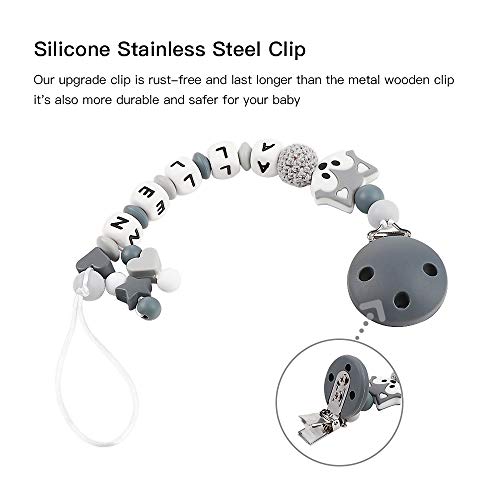 Pacifier Clip Personalized Name, MCGMITT Customized Fox Binky Holder Teething Silicone Beads for Baby Girls Boys (Grey)