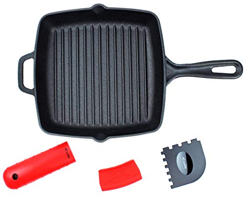 Cast Iron Grill Pan with Extra Thick Silicone Hot Handle Holder, Assist Handle Holder, Grill Scraper - Thumbnail 2