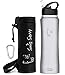 SWIG SAVVY Stainless Steel Insulated Leak Proof Flip Top Straw Cap Water Bottles with Pouch & Clip, Steel, 24oz
