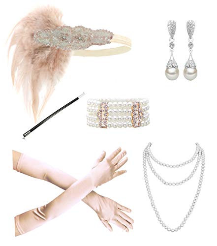 Photo 1 of 1920s Accessories Headband Necklace Gloves Cigarette Holder Flapper Costume Accessories Set for Women