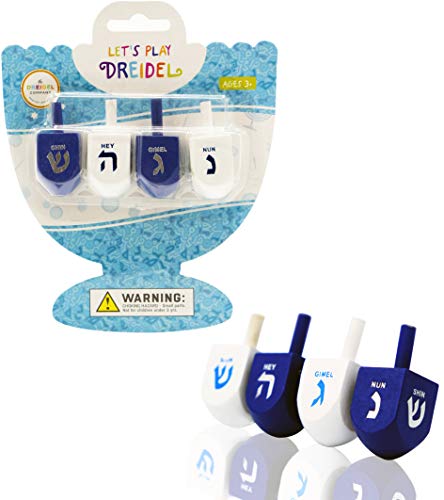 Wood Dreidel Bulk Solid Blue & White Wooden Hanukkah Dreidels Hand Painted with English Transliteration- Includes Game Instruction Cards (4-Pack)