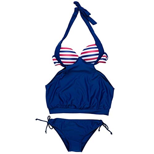 DEATU Womens Sexy Bikini Swimsuit Teen Ladies Striped Sport Tankinis Swimwear Beachwear Adjustable Halter(D,Medium)