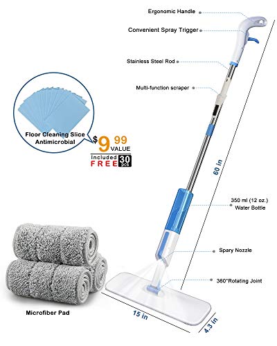 AYOTEE Microfiber Spray Mop for Floor Cleaning, Hardwood Floor Mop with 30Pcs Floor Cleaning Slices,3 Mop Pads,1 Refillable Spray Bottle, Flat Mop for Hardwood, Tile, Laminate, Ceramics