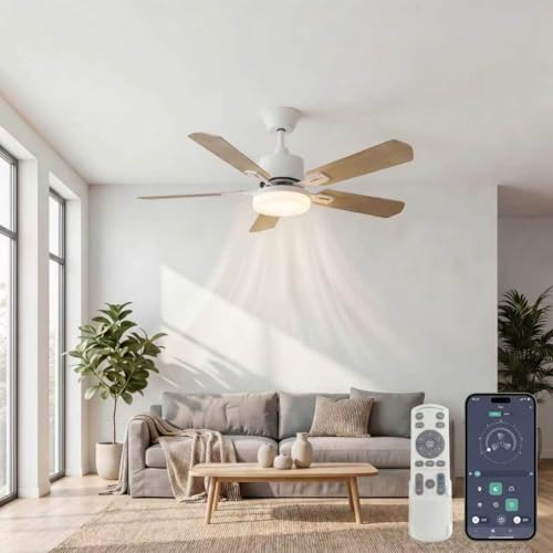 YuYe Ceiling Fan with Lighting, 3 Color Temperatures and 6 Speed, LED Ceiling Fan with Lamp, App Control/Remote Control, Timer (White, 108CM)