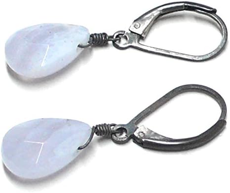 Blue Lace Agate Briolette Lever Back Earrings Oxidized Sterling Silver