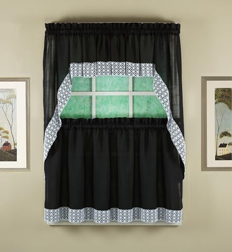 Today's Curtain, Salem Macramé Trim Tier 36", Black, 60" W x 36" L