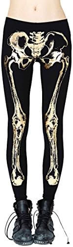Ensasa Women'S Fashion Digital Print Black White Skeleton Spandex Leggings (Medium, Gold)