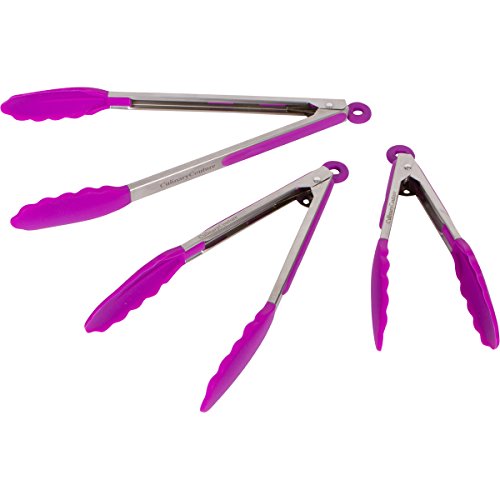 Purple Silicone Cooking Serving Tongs - Set Of 3 Kitchen Locking Tongs-7,9,12