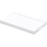 BEYLANG Glossy White Sturdy Acrylic Serving Tray with Handles-12x20Inch-Serving Coffee,Appetizer,Breakfast,Butler-Kitchen Countertop Tray-Makeup Drawer Organizer-Vanity Table,Ottoman Tray-Decorative