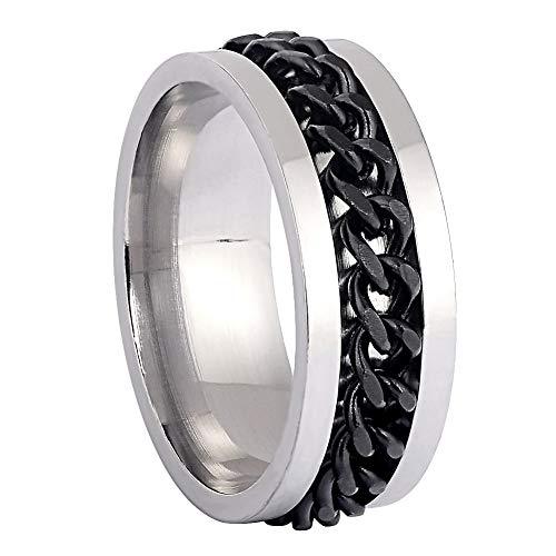Men Titanium Steel Chain Rings Biker Grooved Edge 8mm Width Black Size 11 - Thumbnail 2