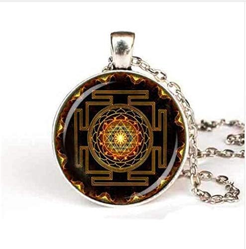Steampunk Sri Yantra Mandala Glass Pendant Necklace,Handmade Buddhist Sacred Geometry Jewelry Charm Gift