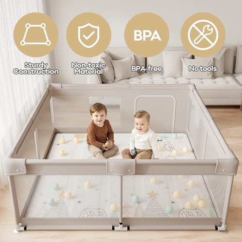Lertantri Baby Playpen 150 x 150 cm - XXL Baby Playpen with Play Mat, Playpen with Breathable Mesh on Four Sides and Suction Cups