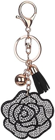 DJHbuy Shiny Rhinestone Rose Flower Glitter Keychain PU Leather Tassel Key Chain Keyring Handbag Charms Pendant Keyfobs (Grey White)