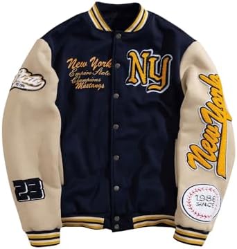 SOLY HUX Men's Letter Graphic Varsity Jacket Long Sleeve Button Up