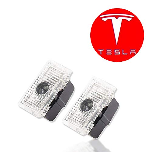CoolKo Newest Power Welcome Lamp Car Led Courtesy Door Projector Light Ghost Shadow Lights for Tesla Model S, Model X and Model 3 [Red White - Tesla Logo and Name - Design 1]