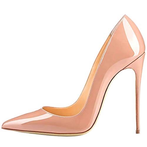 GEEDIAR Women's Stiletto Pumps Thin Heel Shoes Pointy Pumps Ladies Party Dress Pumps Patent Leather Pumps Mules Suede Pumps Wedding Party Basic Pointed Heel Shoes Nude - Thumbnail 4