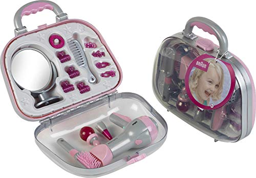 Theo Klein 5855 Frisierkoffer mit Braun Haartrockner|Mit Spiegel, Kamm und viel Styling-Zubehör|Robuster Koffer mit batteriebetriebenem Fön|Maße: 27,5cm x 11cmx22,2cm|Spielzeug für Kinder ab 3 Jahren