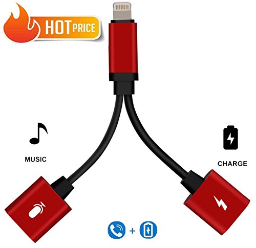 Dual Headphones Adapter Compatible with iPhone 7/7 Plus/8/8 Plus/X, 2 in 1 Charge and Listen to Music simultaneously – Red