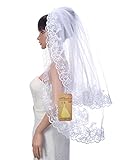 Remedios 2T Tulle Fingertip Length Wedding Veil with Embroidered Hem, White