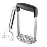 Potato Masher with Fine Mesh Platter and Ergonomic Horizontal Handle and Multi-Function Vegetable Peeler, Potato Stainless Steel Grinder for Mashed Potatoes, Vegetables and Fruits