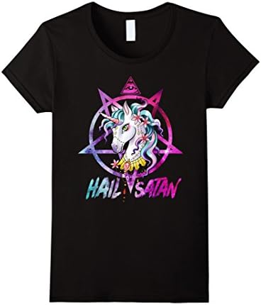 Womens Unicorn Hail Satan Death Metal Rainbow shirt Rave Men Women Large Black