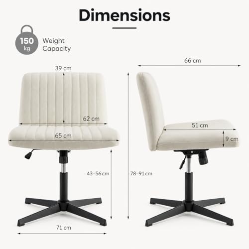 Cross Legged Armless Office Chair, Wide Seat Swivel Desk Chair with Adjustable Height, Rocking Function, Padded Beige Vanity Chair for Home Office, Bedroom, Study Room