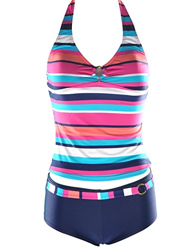 CharmLeaks Women's Multi Colored Stripe Boyleg Two-piece Tankini Swimwear Medium