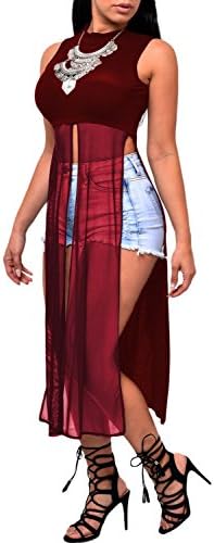 Women Asymmetric Crop Tops Shirts Mesh High Neck Sleeveless Club Tanks Blouses