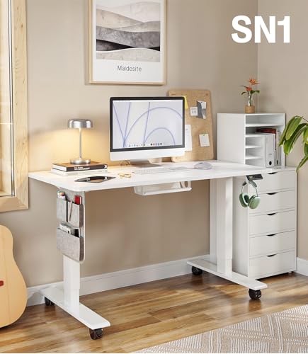 MAIDeSITe Height Adjustable Electric Lift Table, 120 x 60 cm Standing and Sitting Table with Cable Tray, Hook and Storage Pockets, Lift Table with Memory Controller