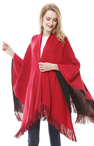 Lovful Women Winter Warm Faux Cashmere Poncho Capes Scarf Shawl Cardigans Sweater Coat,BlackRed - Thumbnail 2