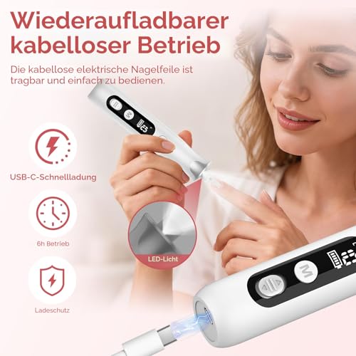 Electric Manicure / Pedicure Set, Nail Feles, Nail Cutter and Callus Remover with 10 Attachments for Nail Care, with 10 Speeds, LED Light, Storage Bag