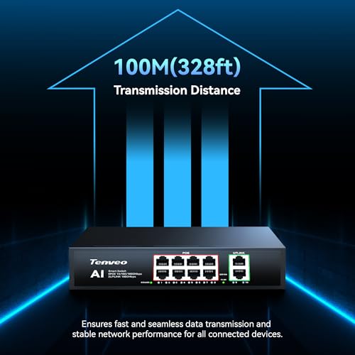 Tenveo Power Over Ethernet Switch PoE+ 8 Gigabit Ports, 120W, 2 Uplink, Smart Management, VLAN, Metal Housing - Ideal for IP Cameras, Streaming and Business Networks