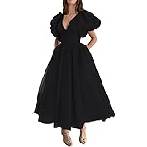 Xijun Puffy Sleeve Prom Dresses for Women Dotted Tulle V Neck Formal Evening Party Gowns Tea Length